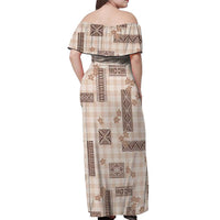 Hawaiian Quilt Tapa On Beige Palaka Motifs Off Shoulder Maxi Dress