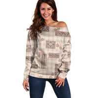 Hawaiian Quilt Tapa On Beige Palaka Motifs Off Shoulder Sweater