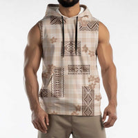 Hawaiian Quilt Tapa On Beige Palaka Motifs Sleeveless Hoodie
