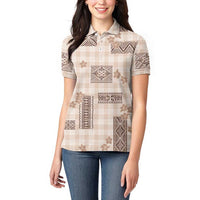 Hawaiian Quilt Tapa On Beige Palaka Motifs Women Polo Shirt