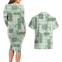 Hawaiian Quilt Tapa On Pastel Mint Palaka Motifs Couples Matching Long Sleeve Bodycon Dress and Hawaiian Shirt