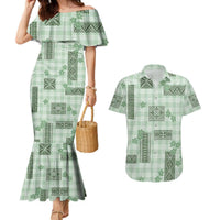 Hawaiian Quilt Tapa On Pastel Mint Palaka Motifs Couples Matching Mermaid Dress and Hawaiian Shirt