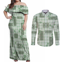 Hawaiian Quilt Tapa On Pastel Mint Palaka Motifs Couples Matching Off Shoulder Maxi Dress and Long Sleeve Button Shirt