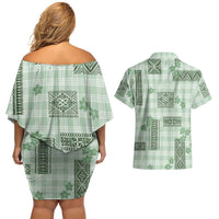 Hawaiian Quilt Tapa On Pastel Mint Palaka Motifs Couples Matching Off Shoulder Short Dress and Hawaiian Shirt