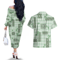 Hawaiian Quilt Tapa On Pastel Mint Palaka Motifs Couples Matching Off The Shoulder Long Sleeve Dress and Hawaiian Shirt