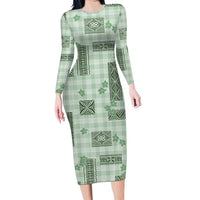 Hawaiian Quilt Tapa On Pastel Mint Palaka Motifs Family Matching Long Sleeve Bodycon Dress and Hawaiian Shirt