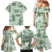 Hawaiian Quilt Tapa On Pastel Mint Palaka Motifs Family Matching Mermaid Dress and Hawaiian Shirt