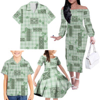 Hawaiian Quilt Tapa On Pastel Mint Palaka Motifs Family Matching Off The Shoulder Long Sleeve Dress and Hawaiian Shirt