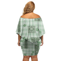 Hawaiian Quilt Tapa On Pastel Mint Palaka Motifs Family Matching Off Shoulder Short Dress and Hawaiian Shirt