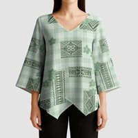 Hawaiian Quilt Tapa On Pastel Mint Palaka Motifs Kimono Sleeve Blouse