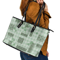 Hawaiian Quilt Tapa On Pastel Mint Palaka Motifs Leather Tote Bag