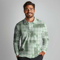 Hawaiian Quilt Tapa On Pastel Mint Palaka Motifs Long Sleeve Polo Shirt
