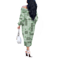 Hawaiian Quilt Tapa On Pastel Mint Palaka Motifs Off The Shoulder Long Sleeve Dress