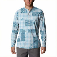 Hawaiian Quilt Tapa On Cold Blue Palaka Motifs Button Sweatshirt
