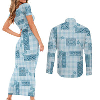 Hawaiian Quilt Tapa On Cold Blue Palaka Motifs Couples Matching Short Sleeve Bodycon Dress and Long Sleeve Button Shirt