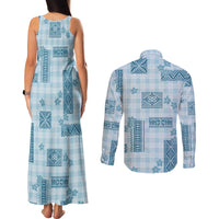 Hawaiian Quilt Tapa On Cold Blue Palaka Motifs Couples Matching Tank Maxi Dress and Long Sleeve Button Shirt