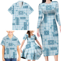 Hawaiian Quilt Tapa On Cold Blue Palaka Motifs Family Matching Long Sleeve Bodycon Dress and Hawaiian Shirt