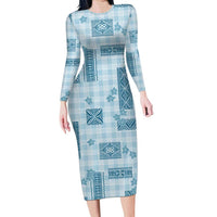 Hawaiian Quilt Tapa On Cold Blue Palaka Motifs Family Matching Long Sleeve Bodycon Dress and Hawaiian Shirt