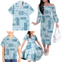 Hawaiian Quilt Tapa On Cold Blue Palaka Motifs Family Matching Off The Shoulder Long Sleeve Dress and Hawaiian Shirt