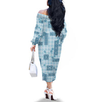 Hawaiian Quilt Tapa On Cold Blue Palaka Motifs Family Matching Off The Shoulder Long Sleeve Dress and Hawaiian Shirt