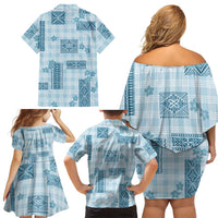 Hawaiian Quilt Tapa On Cold Blue Palaka Motifs Family Matching Off Shoulder Short Dress and Hawaiian Shirt