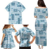 Hawaiian Quilt Tapa On Cold Blue Palaka Motifs Family Matching Puletasi and Hawaiian Shirt