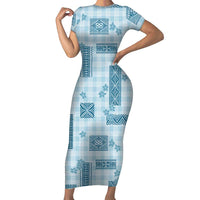 Hawaiian Quilt Tapa On Cold Blue Palaka Motifs Family Matching Short Sleeve Bodycon Dress and Hawaiian Shirt