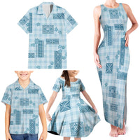 Hawaiian Quilt Tapa On Cold Blue Palaka Motifs Family Matching Tank Maxi Dress and Hawaiian Shirt