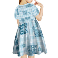 Hawaiian Quilt Tapa On Cold Blue Palaka Motifs Kid Short Sleeve Dress