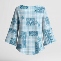 Hawaiian Quilt Tapa On Cold Blue Palaka Motifs Kimono Sleeve Blouse