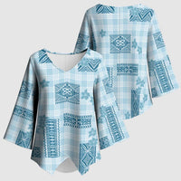 Hawaiian Quilt Tapa On Cold Blue Palaka Motifs Kimono Sleeve Blouse