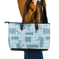 Hawaiian Quilt Tapa On Cold Blue Palaka Motifs Leather Tote Bag