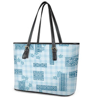 Hawaiian Quilt Tapa On Cold Blue Palaka Motifs Leather Tote Bag