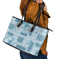 Hawaiian Quilt Tapa On Cold Blue Palaka Motifs Leather Tote Bag
