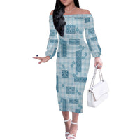 Hawaiian Quilt Tapa On Cold Blue Palaka Motifs Off The Shoulder Long Sleeve Dress