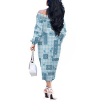 Hawaiian Quilt Tapa On Cold Blue Palaka Motifs Off The Shoulder Long Sleeve Dress