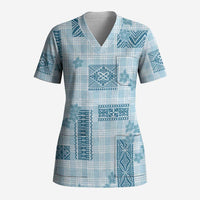 Hawaiian Quilt Tapa On Cold Blue Palaka Motifs Scrub Top