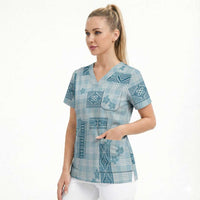Hawaiian Quilt Tapa On Cold Blue Palaka Motifs Scrub Top