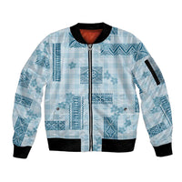 Hawaiian Quilt Tapa On Cold Blue Palaka Motifs Sleeve Zip Bomber Jacket