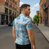 Hawaiian Quilt Tapa On Cold Blue Palaka Motifs Zipper Polo Shirt