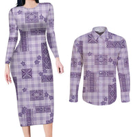 Hawaiian Quilt Tapa On Lilac Palaka Motifs Couples Matching Long Sleeve Bodycon Dress and Long Sleeve Button Shirt