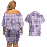 Hawaiian Quilt Tapa On Lilac Palaka Motifs Couples Matching Off Shoulder Short Dress and Hawaiian Shirt
