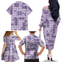 Hawaiian Quilt Tapa On Lilac Palaka Motifs Family Matching Off The Shoulder Long Sleeve Dress and Hawaiian Shirt