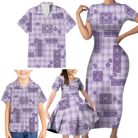 Hawaiian Quilt Tapa On Lilac Palaka Motifs Family Matching Short Sleeve Bodycon Dress and Hawaiian Shirt
