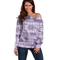 Hawaiian Quilt Tapa On Lilac Palaka Motifs Off Shoulder Sweater