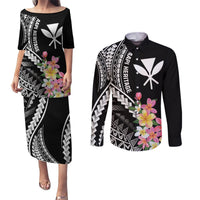 AAPI Heritage Month Couples Matching Puletasi and Long Sleeve Button Shirt Kanaka Hawaii Plumeria LT7 Black - Polynesian Pride