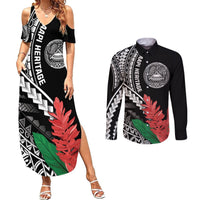 AAPI Heritage Month Couples Matching Summer Maxi Dress and Long Sleeve Button Shirt Samoa Teuila LT7 Black - Polynesian Pride