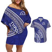 Tupou College Toloa Couples Matching Off Shoulder Short Dress and Hawaiian Shirt Ngatu Tapa Mix Style