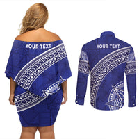 Tupou College Toloa Couples Matching Off Shoulder Short Dress and Long Sleeve Button Shirt Ngatu Tapa Mix Style