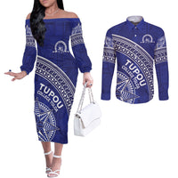 Tupou College Toloa Couples Matching Off The Shoulder Long Sleeve Dress and Long Sleeve Button Shirt Ngatu Tapa Mix Style